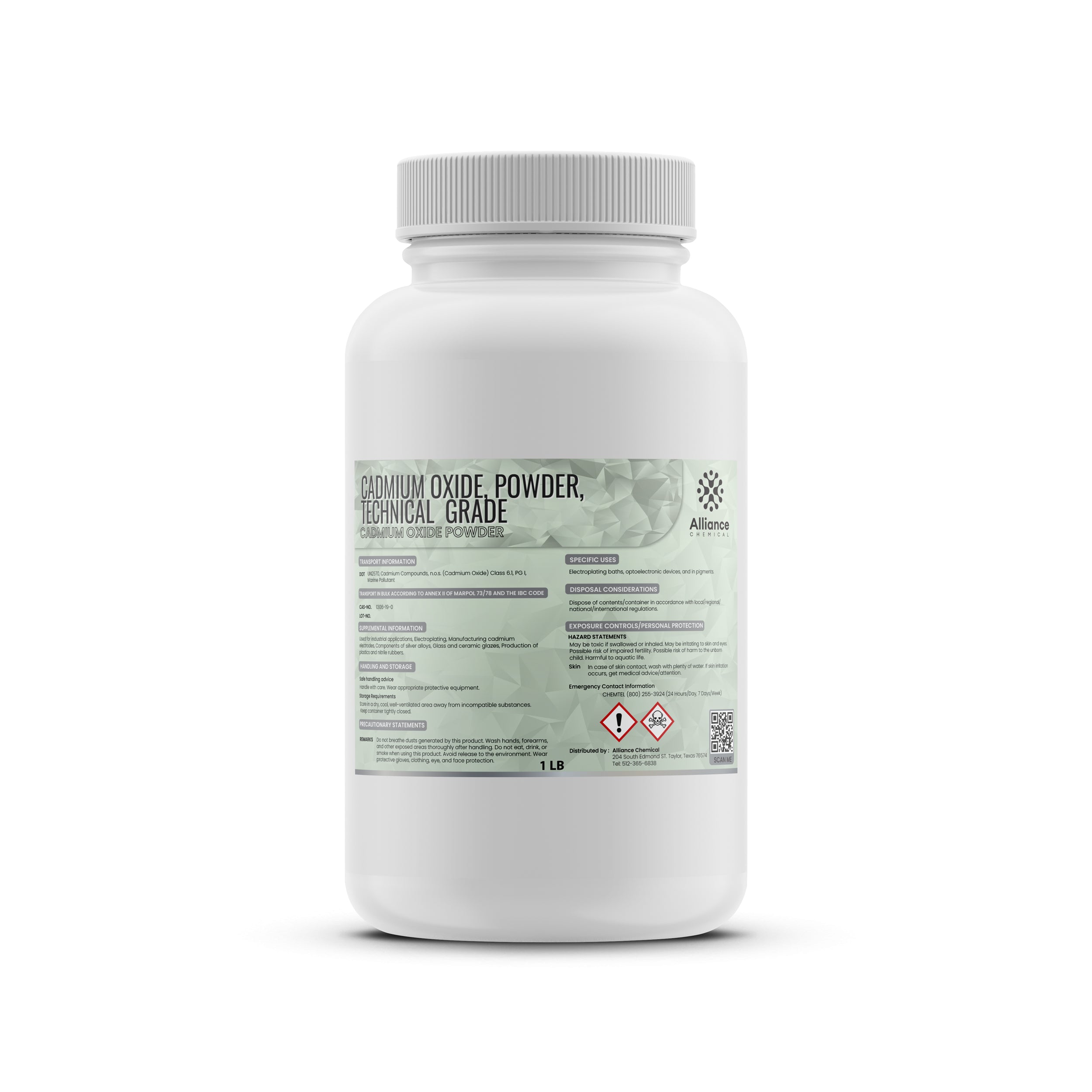 1 LB technical-grade cadmium oxide powder in white HDPE bottle with safety label, GHS hazard symbols, and ribbed cap for laboratory/ceramic applications.